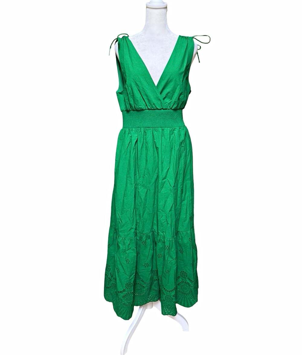 Adrianna Papell Green Cotton Eyelet V-Neck Sleeveless Midi A-Line Dress 8